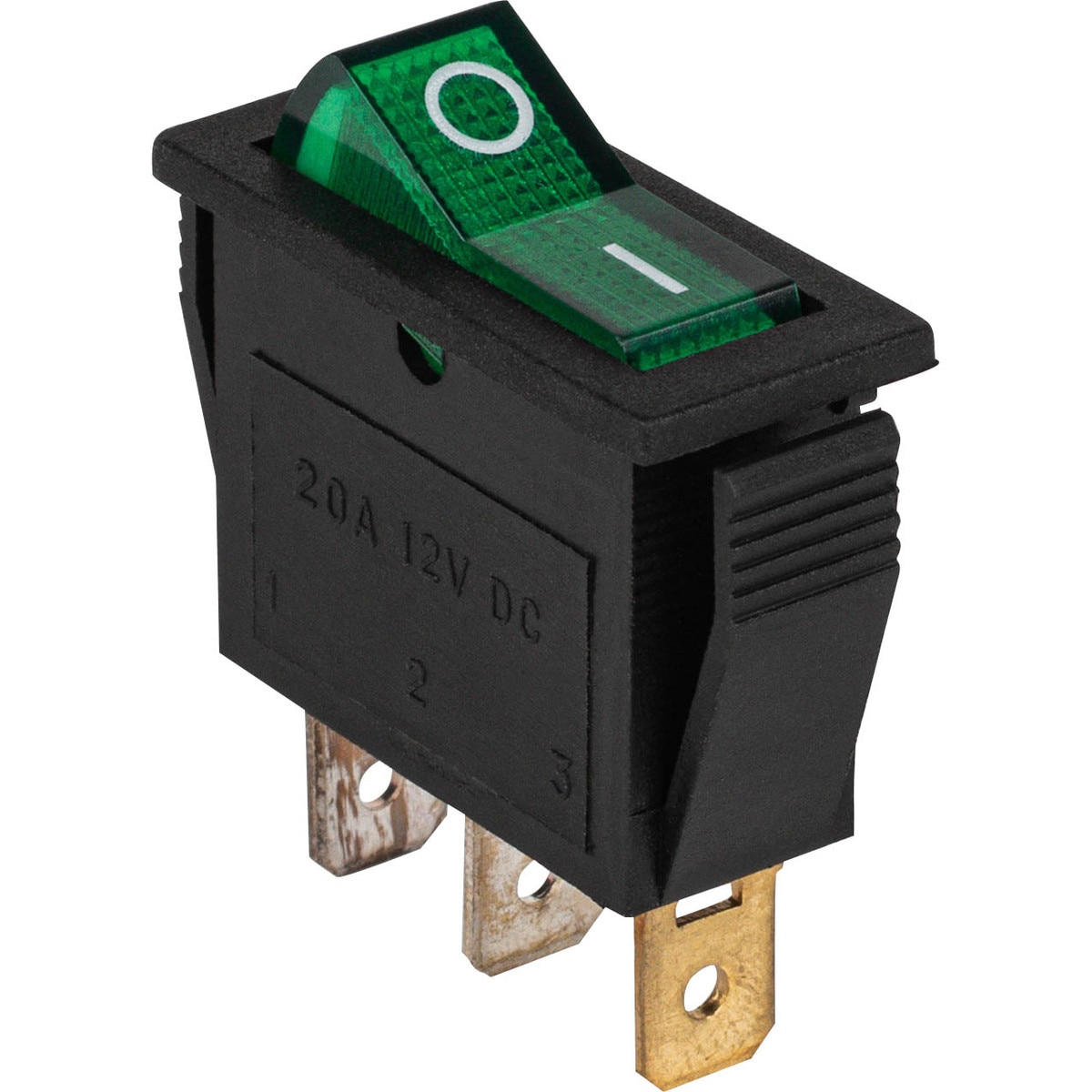 SPST Small Rocker Switch w/Green Illumination 12VDC
